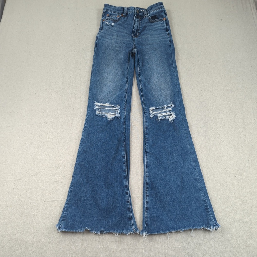 American Eagle Jeans Womens 000 Blue Super High Rise Flare Hippie Boho Stretch